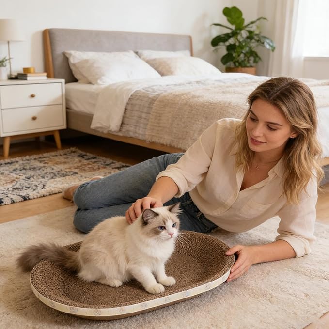 Cardboard Cat Scratcher Bed, Oval Cats Scratch Pad Bowl Nest for Indoor Cats, Cat Scratching Board Corrugated Lounge, Furniture Protector for Couch
