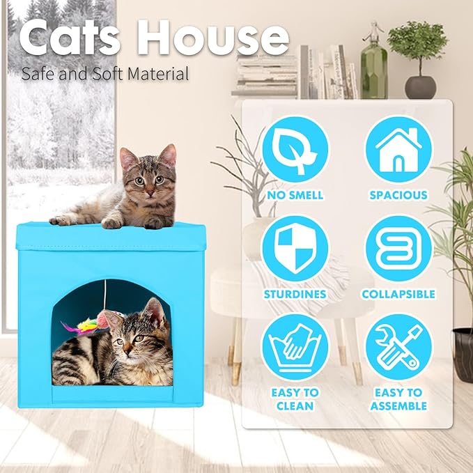 ShellKingdom Collapsible Cat House, Foldable Kitty Cat Cube and Cat Cave with Bed, Cat Stool Condo for Indoor Cats, 13 x 13 x 13 inches (Blue)