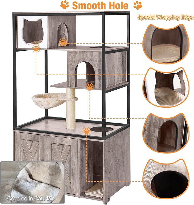 Cat Litter Box Enclosure,Hidden Litter Box Furniture with Metal Frame,Wooden Kitty House with Barn Door,Wooden Cat Washroom Furniture,Fit Most of Litter Box (Grey, M)