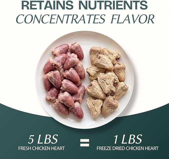 Freeze Dried Chicken Heart Cat & Dog Treats for Training, Healthy High Protein Limited Single Ingredient Pet Food Snacks for Small, Medium, and Large Dogs Cats (Raw Chicken Heart Cubes, 8oz)