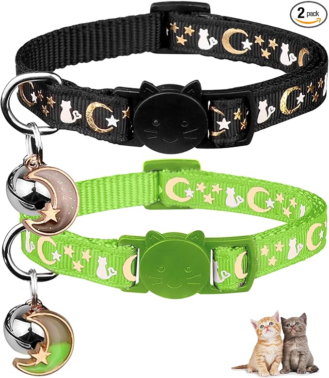 2PCS Breakaway Cat Collars with Bell Cute Kitty Glow in The Dark Adjustable Kitten Collars 6.9-10.7 Inch(Green&Black)
