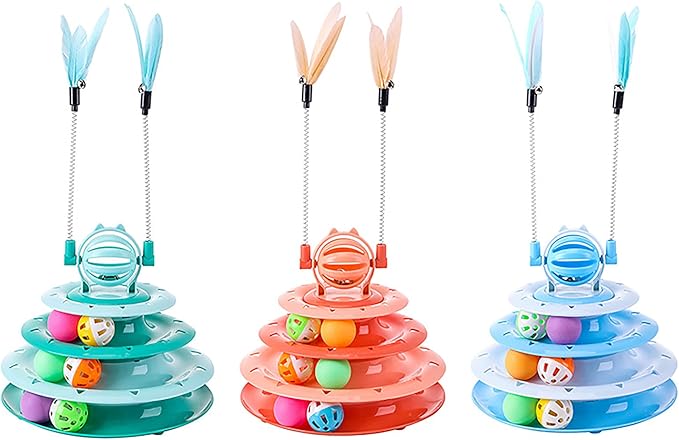Vealind Cat Toy Roller 4-Level Turntable Cat Toys Balls with 14 Pcs Colorful Pom Pom Balls Interactive Fun Mental Physical Exercise Puzzle Kitten Toys (Orange)