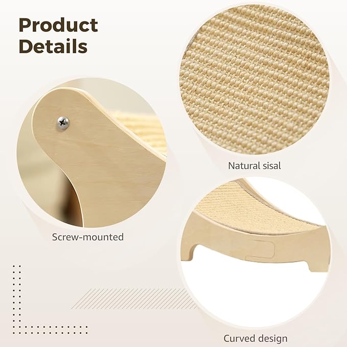 Wooden Cat Scratching Board Bed, Curved Sisal Cat Scratcher, Dual-Use Lounge Chair for Large Cats, 19.7 x 13 x 6.7 in, Stable Solid Wood Furniture Protector