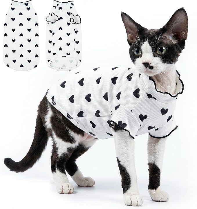 DENTRUN Heart Pattern Sphynx Hairless Cats Shirt, Kitten T-Shirts with Perlin Sleeves, Breathable Cat Wear Cute Sweater Adorable Hairless Cat's Clothes Vest Pajamas Jumpsuit
