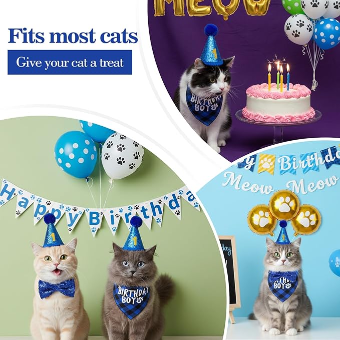 Cat Birthday Hat Set, Small Pet Birthday Party Supplies, Bandana Bow Tie Collar Hat with Number for Cats Kittens Apparel Outfits (Blue)