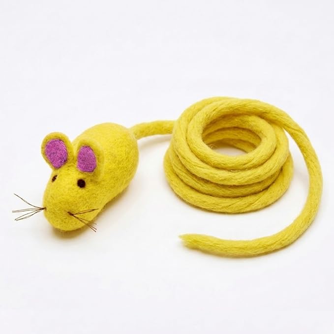 Glaciart One Felt Mouse Cat Toy – Soft Fuzzy Enrichment 100% Natural Wool - Interactive Catnip Play Cat Toy Set - Safe for Pets, Non-AZO Colored Dyes - 100” Long
