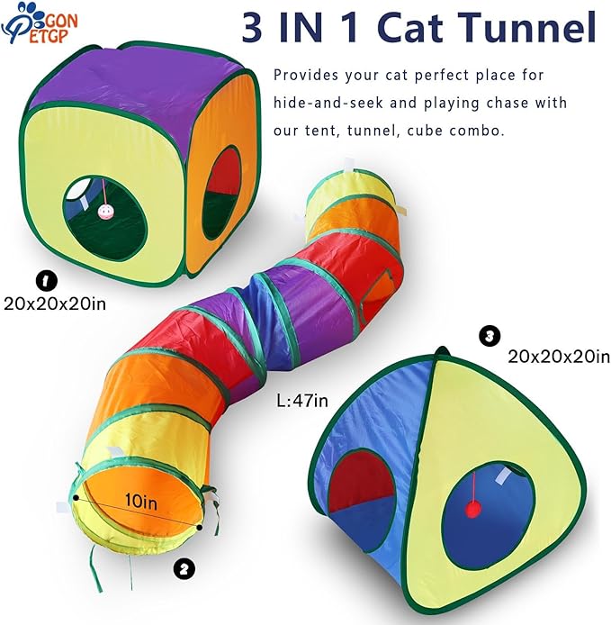 GONPETGP Cat Toys for Indoor Cats, Kitten Toys Set, Collapsible Pet Tunnel Cube Tent Toys, Interactive Cat Feather Teaser Wand Cat Bell Balls Fuzzy Ball Springs Mouse Toys (Rainbow)