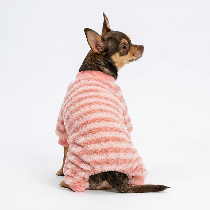 Fitwarm Fuzzy Fleece Stirped Dog Pajamas, Dog Winter Clothes for Small Dogs Girl, Cozy Dog Onesie, Pet Jumpsuit, Doggy Apparel, Pink, White, XL