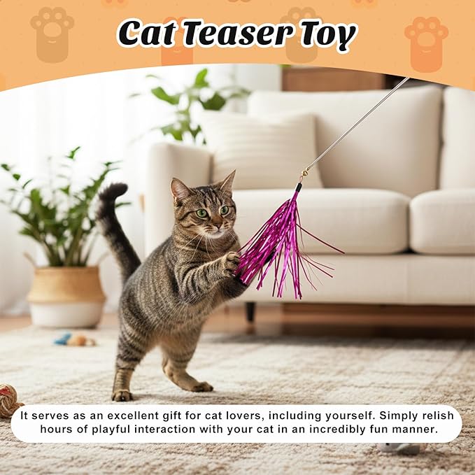 8 Pcs Cat Wand Toy Replacement with Bell Metallic Foil Tassel, 9 Inches Interactive Wand Toys for Indoor Cats for Most Cats Chase Exercise with Kitten (Multi Colored)