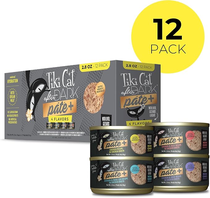 Tiki Cat After Dark Pate+ Wet Cat Food, Variety Pack, 2.8 oz. Cans (Pack of 12)