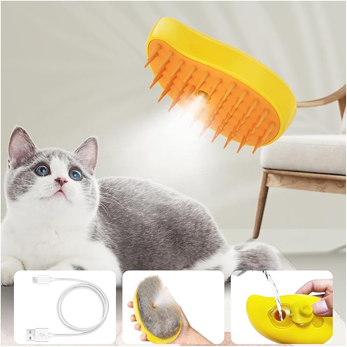 Rechargeable 3-in-1 Silicone Steaming Brush for Detangling and Grooming Pets - Multifunctional Hair Comb for Cats (Yellow)