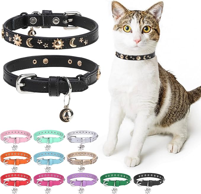 Leather Cat Collars for Boy Girl Cats with Bell and Safety Elastic Belt, Personalized Rivets Stud Adjustable Safe Buckle Collar with Moon Charm for Kitty Small Pets, Black 8"-12"