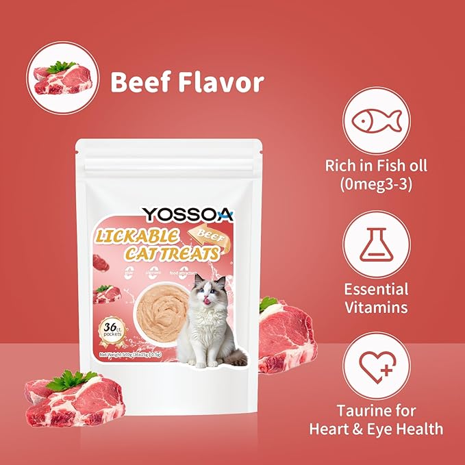 Premium Lickable Cat Treats - 36 Pack Cat Puree Treats with Fish Oil, Taurine & Vitamins Healthy Squeeze Up Cat Treat for Skin & Coat Support, Grain-Free Kitten & Senior Cat Snack（Beef Flavor ）