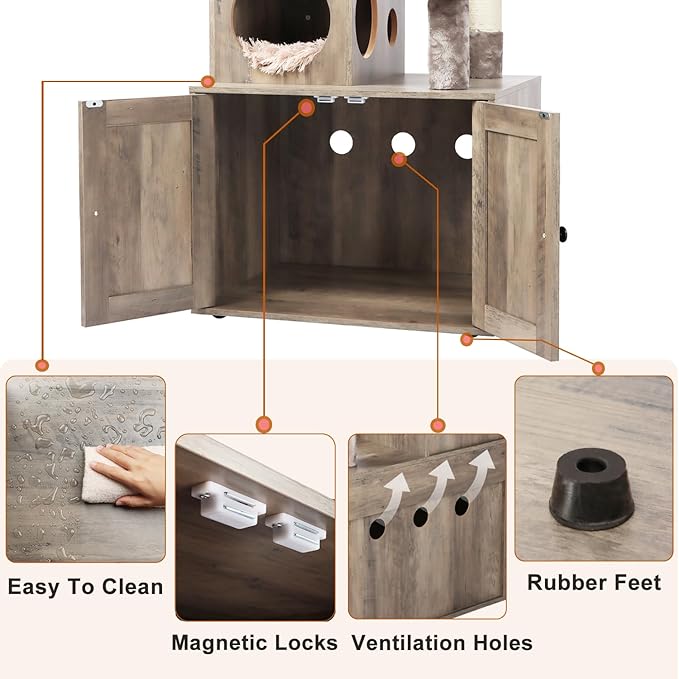 Timberer Cat Tree with Litter Box Enclosure, 2-in-1 Cat Tower for Indoor Cats, Large Wood Cat Condo with Basket, Scratching Posts, Pompoms, Grey