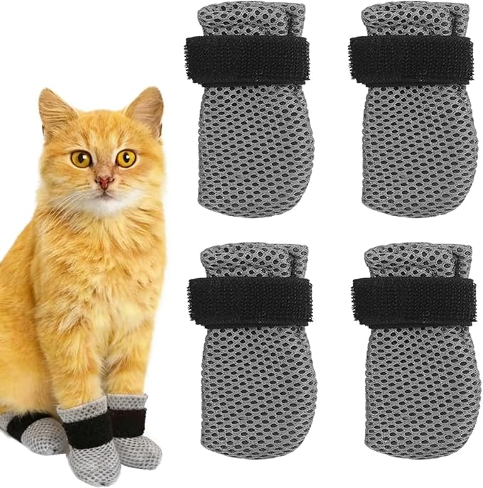 4pcs Cat Mittens to Prevent Scratching, Cat Booties Mesh Breathable Cats Shoes Anti Scratch Kitten Foot Covers for Pet Bathing Cutting Nails (Gray Size L)