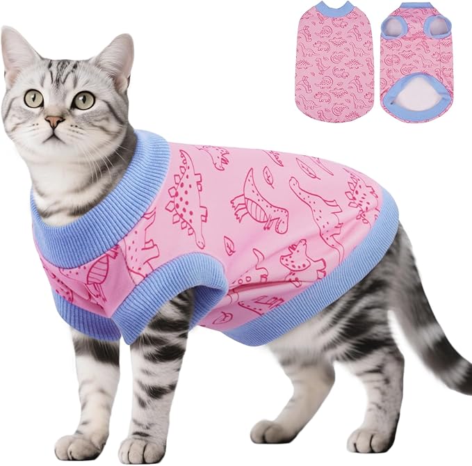 DENTRUN Sleeveless Cat Vest with Dinosaur Print, Breathable Ultra-Soft Dralon Fleece Cat Sweater, All-Season Pet Costume Apparel for Cats, Kitten Clothing for Indoor/Outdoor, Pink, S