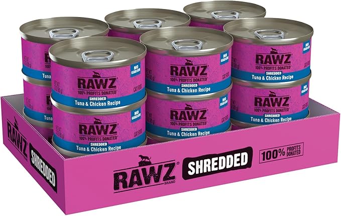 Rawz Natural Premium Shredded Canned Cat Wet Food - Grain Free Made with Real Meat Ingredients No BPA or Gums - 3oz Cans - 18 Count - Tuna & Chicken Flavor