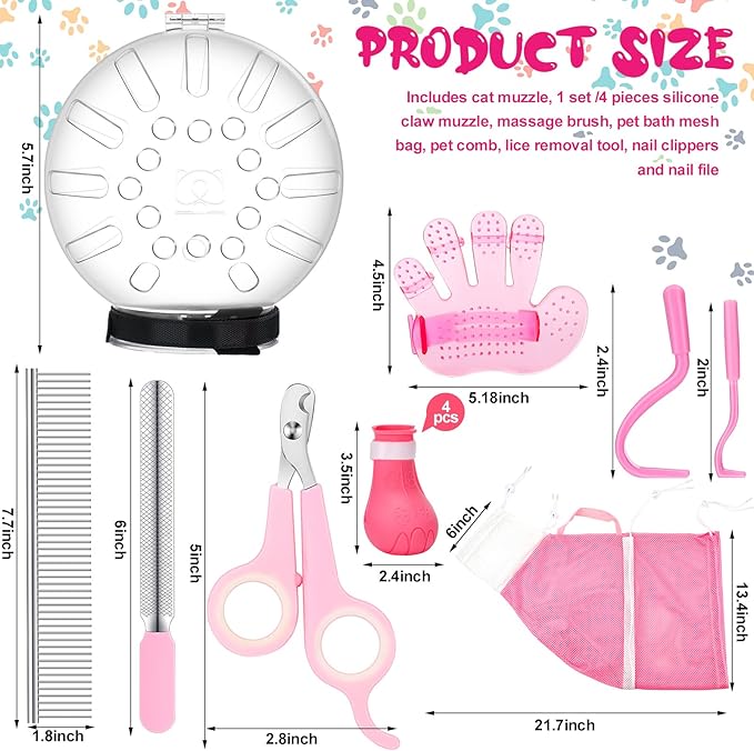 Therwen 8 Pcs Cat Bathing Bag Set Adjustable Pet Shower Net Bag Cat Helmet for Grooming Breathable Muzzle Boots Paw Covers Nail Clipper Nail File Tick Tool Massage Brush Comb Pet Trimming Cleaning