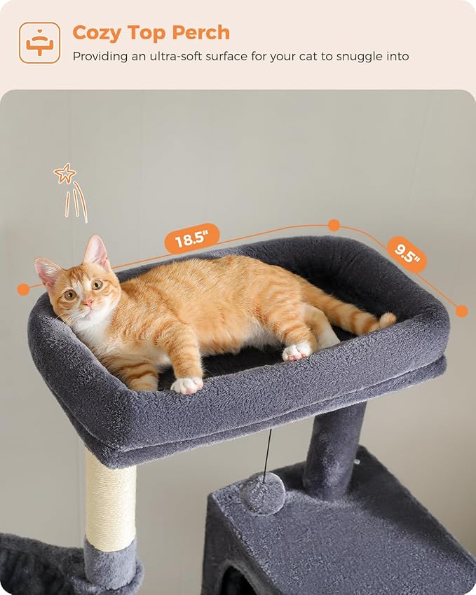 MUTTROS Cat Tree for Large Cats Adult with Super Large Top Perch, 56.3" Tower with Plush Hammock, Shelves and Dangling Pompom, Scratching Posts and 2 Condos House, Dark Gray