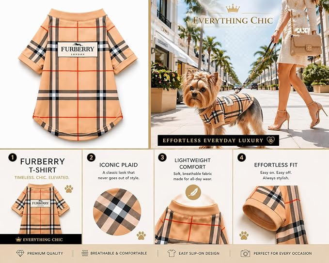 Luxury Designer Dog T Shirt – Trendy Puppy Clothes for Small Dogs, Fashion Pet Tee for French Bulldogs & Chihuahuas, Everything Chic Dog Apparel (FurberryTee, Small)