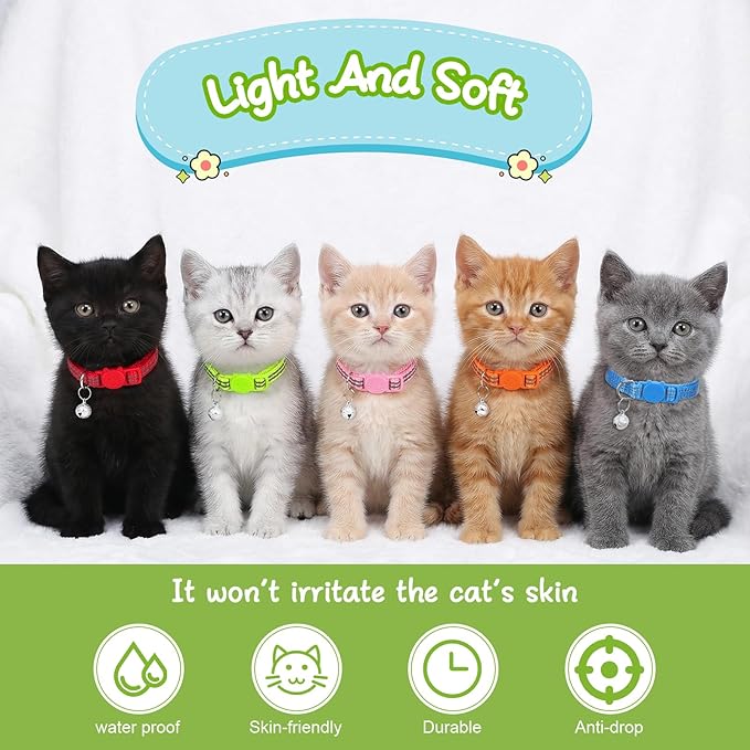 Reflective Cat Collar, Breakaway Cat Collars Kitten Collar with Bells Adjustable Collars for Small Cats Safety Quick Release Safety Buckle 7.9-13 Inches 5 Bright Colors for Small Pets