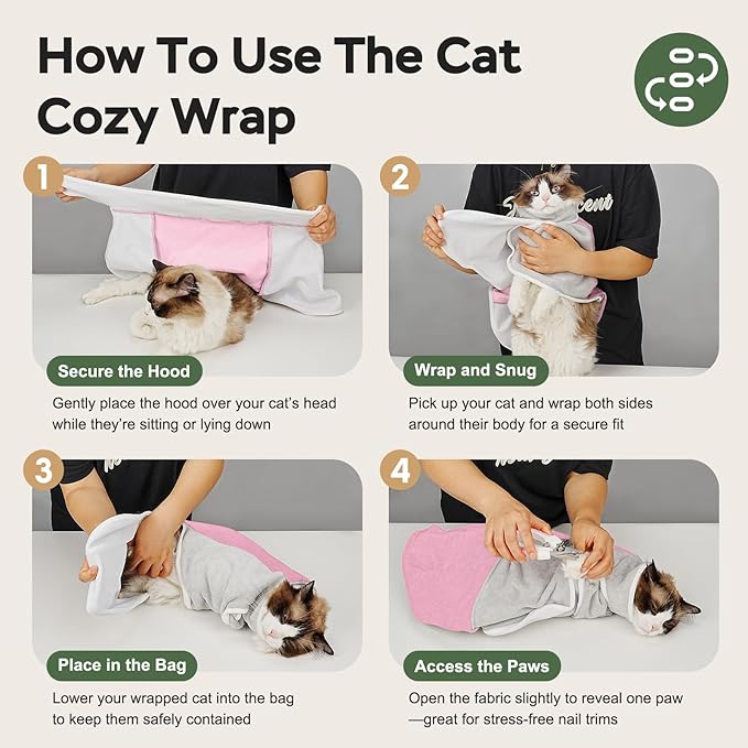 Cat Wrap for Cutting Nails, Self-Adhesive Cat Nail Clipping Restraint Bag, Anti-Scratch Cat Grooming Wrap Swaddle for Meds, SubQ Fluids, Ear Cleaning, Teeth Brushing & Vet Visits,Pink,L