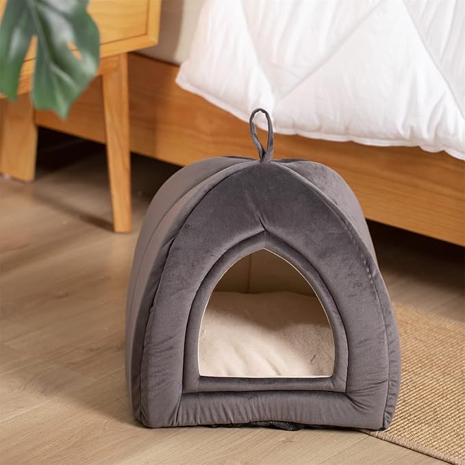 KASENTEX Cat Bed for Indoor Cats, 2-in-1 Cat House Pet Supplies for Large Cat or Small Dog - Animal Cave, Cat Tent with Removable Washable Pillow Cushion (Dark Grey, 19x19x19)