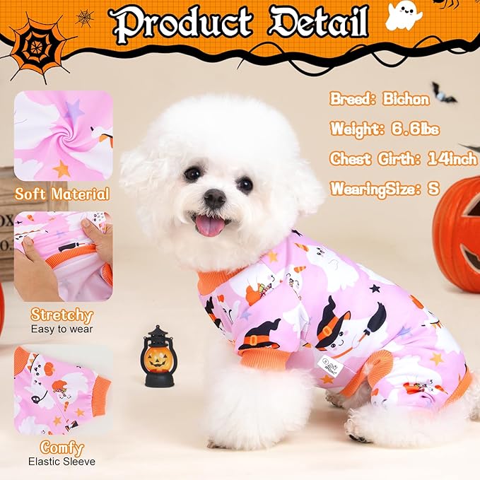 XPUDAC Halloween Ghost Dog Clothes Soft Strechy Puppy Pajamas Doggie Pjs Puppy Onesie Pet Outfits Cat Jumpsuits, 222-XS