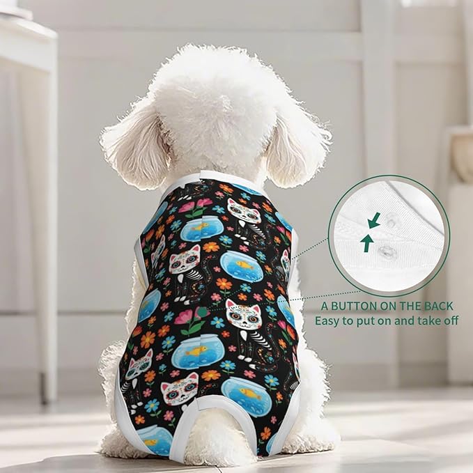 Surgical Recovery Suit for Dogs Cats (Sugar Skull Skeleton Cat and Fish Black)