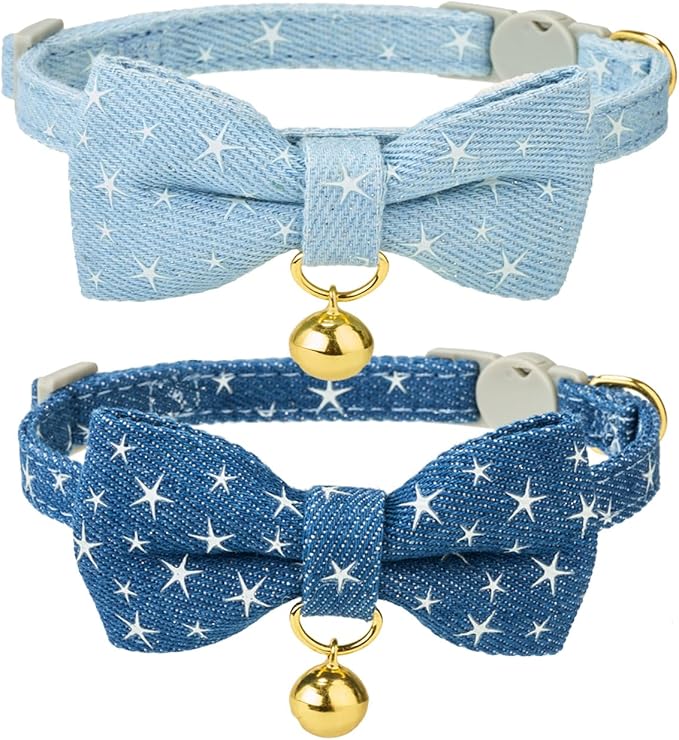 2 Pack Cat Collars with Bell,Glow in The Dark,Cute Star Bow Tie Collar for Cats,Adjustable Safety Breakaway Kitten Collar for Night Walking & Outdoor Use(Adult Cat,GD Star Blue)