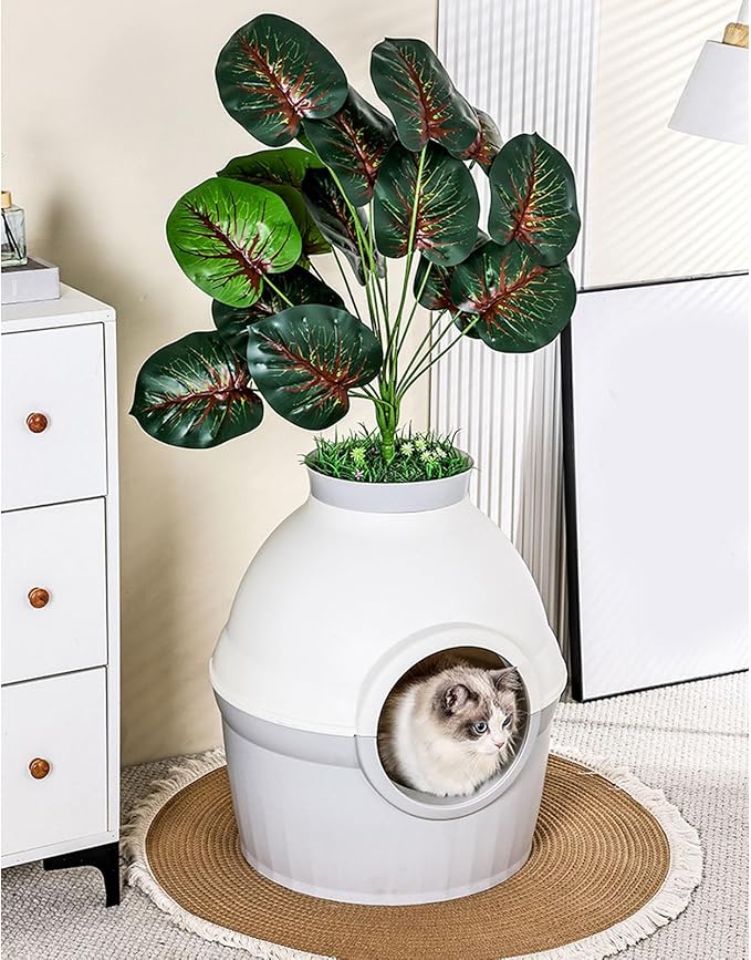 Hidden Litter Box Plant Enclosure, Extra Large Splash Proof Cat Litter Box Enclosed Semi Enclosed Structure Decorative Hidden Pet Bathroom with Plastic Plant & Scoop