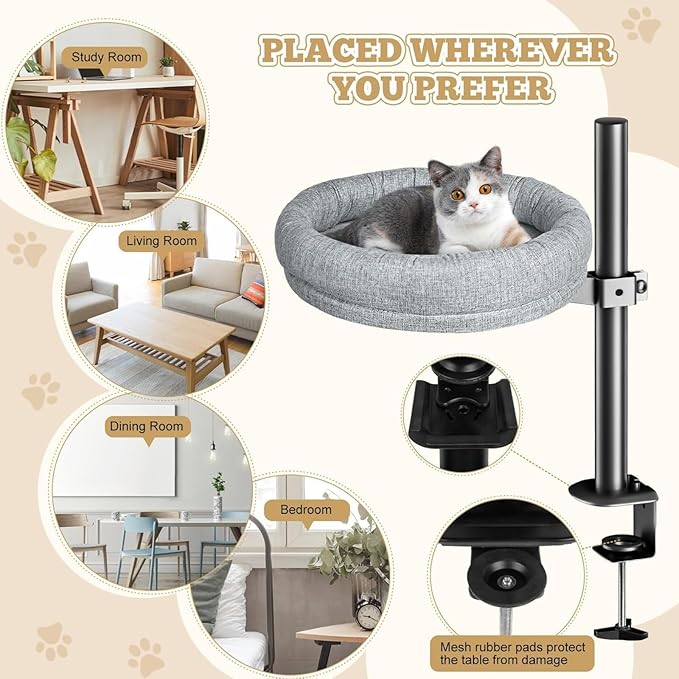 Cat Desk Bed, 360° Rotating & Height Adjustable Cat Hammock, Metal Bracket Supports to 40 lbs, Removable&Washable, Kitten Bed for Desk