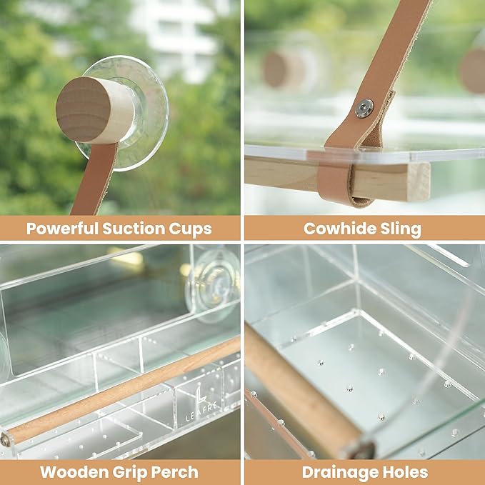 Acrylic Transparent Cat Window Set- Modern Style with Wood & Leather Straps | for Large Indoor Cats & Kittens| Washable & Easy-Cleaning Cat Bed & Hammock | Cat Funiture, Accessories & Gifts
