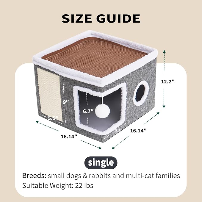 Foldable Cat Cave Bed for Indoor Cats, Cat Hideaway House with Hanging Fluffy Ball & Scratch Pad, Side with Toy Storage and Summer Cooling Mat, 16.14x16.14x12.2 Inches, Grey