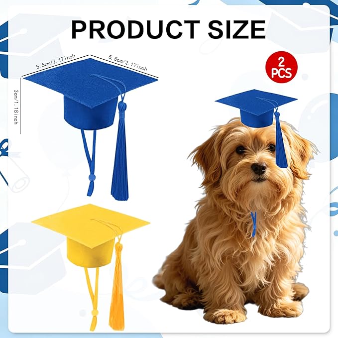 Mini Graduation Caps with Tassel, 2 Pack Gold and Blue Mini Graduation Caps, Small Animal Bachelor Hats for Adjustable Pet Graduation Photo Props Cat Dog Holiday Costume Accessories