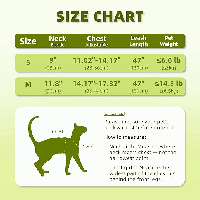 Cat Harness and Leash Set for Comfortable Outdoor Walking, Escape Proof, Adjustable Soft Kitten Vest Harness with Reflective Strip for Cats, Small Dogs (Mint Green, M)