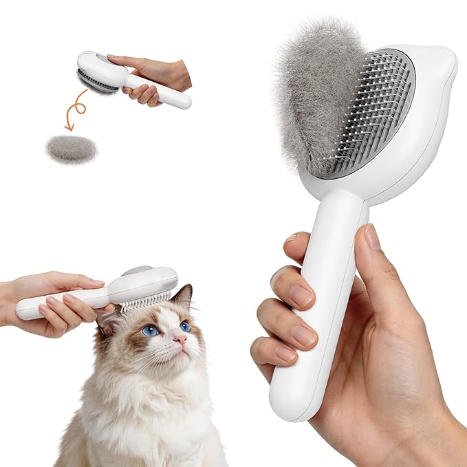 Cat Brush for Shedding, Self Cleaning Pet Hair Brush with Release Button, Cat & Dog Grooming Brush for Long or Short Haired Pets, Removes Loose Fur (White)