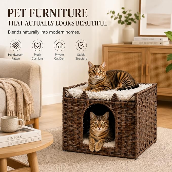 Cat Bed with Ears - Handwoven Rattan Cat Cave House for Indoor Kittens, Foldable Hideaway with 2 Removable Cushions, 16.5x16.5x13.2 Inch Natural Pet Cube for Living Room/Bedroom Brown