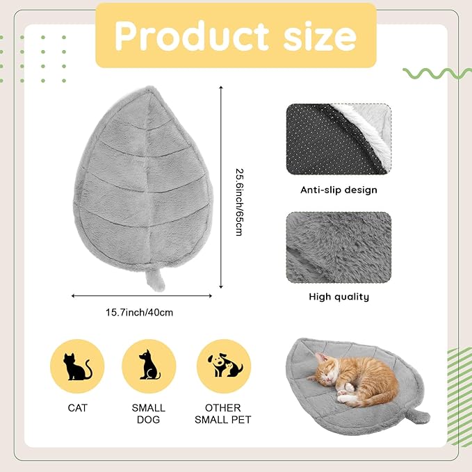 25.6 x 15.7 Inch Leaf Shaped Cat Mat Pet Mat Soft Plush Material Anti Slip Pad on the Back Durable for Cats and Small Dogs Use in Floor, Bed, Sofa, Chair, Kennel(Grey)