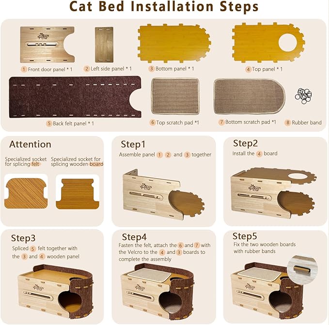 GONPETGP Large Cat Beds for Indoor Cats, Extra Wide Cat House Cave with Scratch Pad Wooden Play Ball, Foldable Felt Kittens Hideaway Condo for Multiple Small Pets