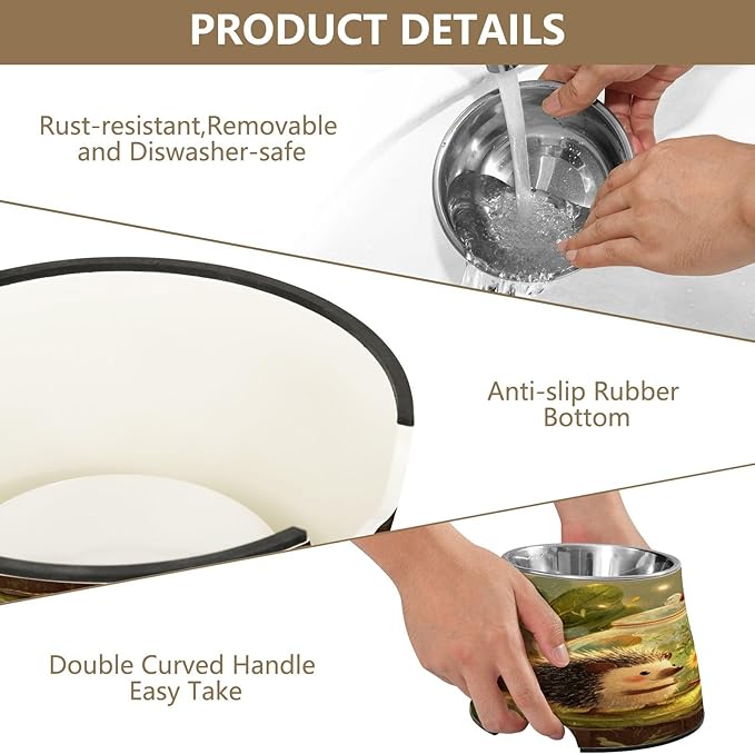 Cute Hedgehog Watering Pets Food Bowls with Stand Stainless Steel Pets Dish Bowl for Slow Feed Cats Whisker Relief
