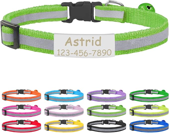 CAMAL Cat Collar with Name Tag, Reflective Cat Collar Breakaway for Kitten Puppy, Personalized Cat Collar, Adjustable 7.5"-12.5" (Light Green)