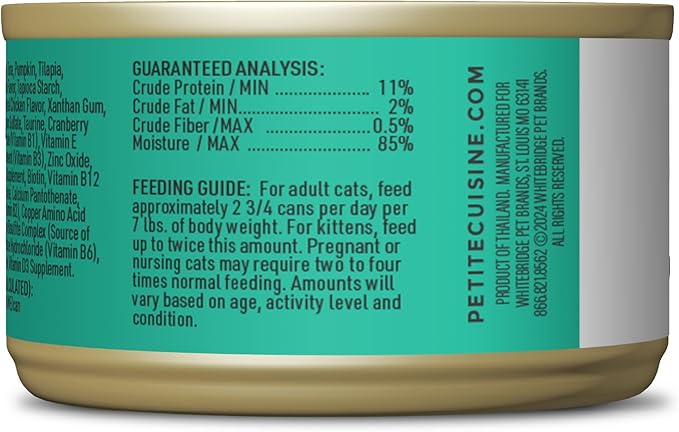 PETITE CUISINE Whole Foods Wet Cat Food, Tuna, Pumpkin & Tilapia Entree in Broth, 2.8 oz. Can (24 Count)