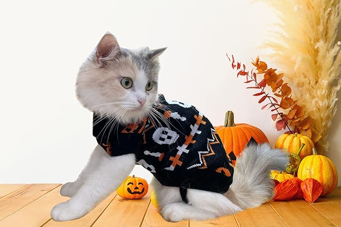 2Pcs Pet Halloween Sweaters Dog Halloween Pumpkin Sweater Kitten Cat Holiday Theme Turtleneck Knitwear Shirt with Pumpkin Skull Patterns Dog Puppy Halloween Costume Clothes for Small Dogs M
