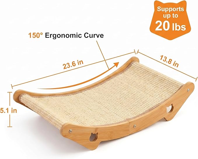 Sisal Cat Scratcher Bed, 3-in-1 Natural Sisal Scratching Board & Hammock, Solid Wood Frame, Ergonomic 150° Curve, No Cardboard Dust, for Indoor Cats up to 20 lbs