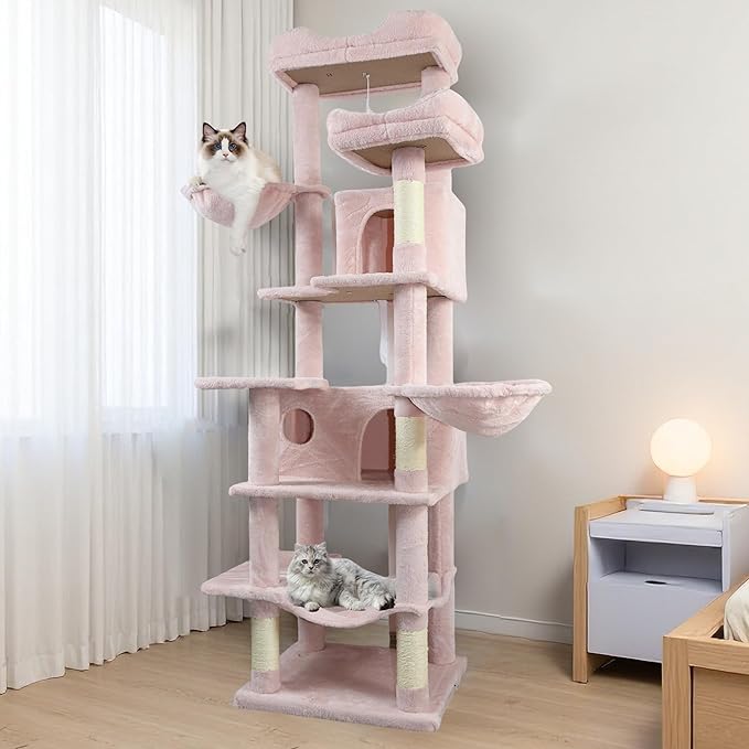 71" Flower Cute Cat Tree for Indoor Cats Large Adult, Tall Cat Tower with Scratching Post & Condo, Hammock, Aesthetic Cats Stand, Modern, Easy Assembly (Pink, 68" Tall)