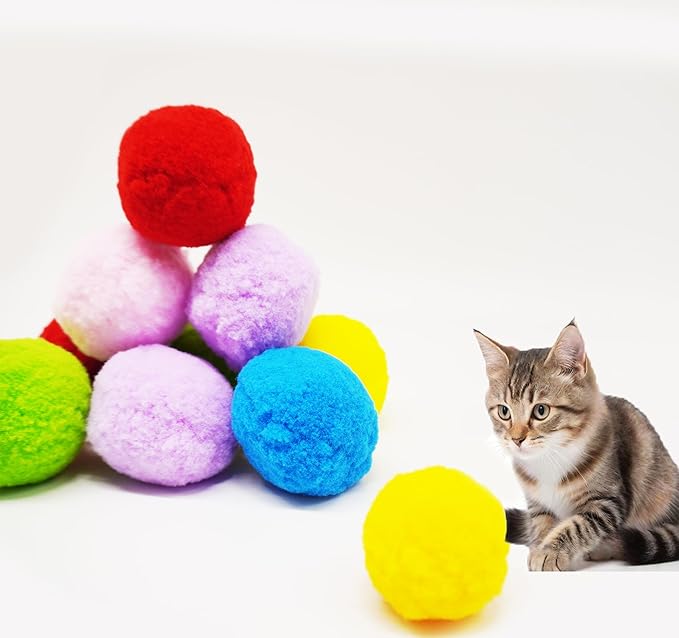 Cat Toy Balls, Cat Pompom Toys for Training and Play, Premium Soft Pom Pom Balls, Lightweight, Interactive, Assorted Colors, Craft DIY Decorations, (10PCS & 1.9Inches)