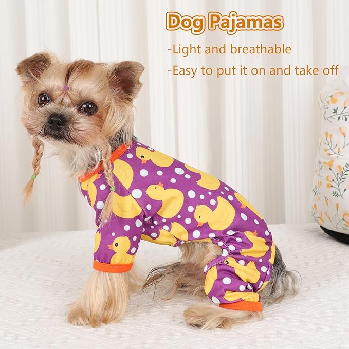 Dog Pajamas Small Sized Boy Girl, Cotton Stretchable Pet Clothes Jammies Puppy Outfits for Dogs Female Male, Spring Summer Doggie Doggy Pjs (Purple Duck, M)