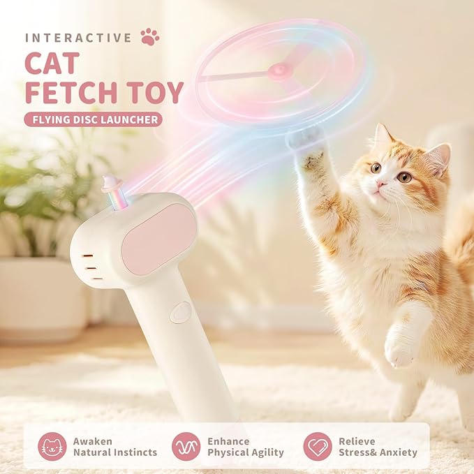 Cat Fetch Toy, One-Touch Automatic Launcher, Up to 20m Range, No Winding Needed, USB-C Rechargeable Flying Disc Toy, Interactive Cat Toy, Indoor Outdoor Use