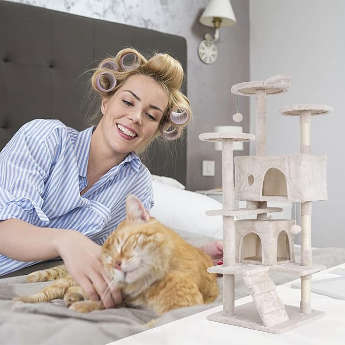54 Inch Tall Cat Tree Tower - Multi-Level Cat Condo with Scratching Post, Toys & Rest Area, Beige